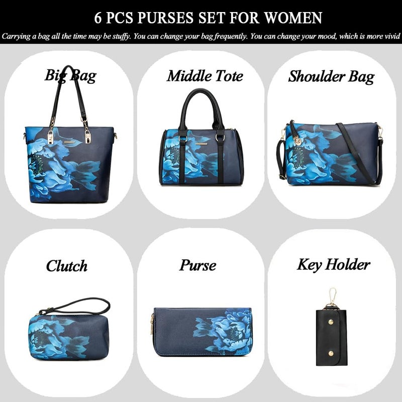 2E-youth Women Designer Purses And Handbags Set Satchel Shoulder Bags Tote Bags 6pcs Wallets (black&blue) - Image 2